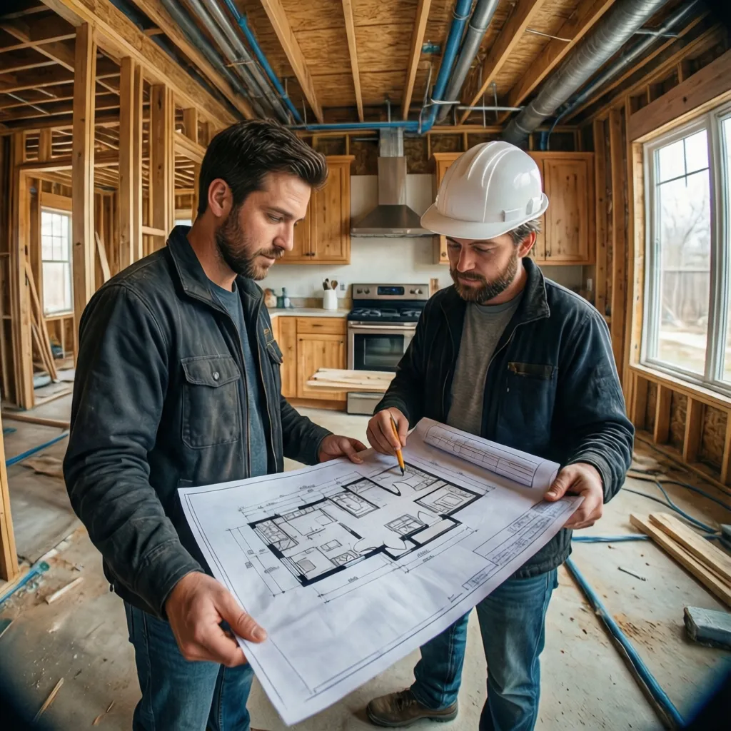 homeowner and contractor reviewing kitchen layout during construction