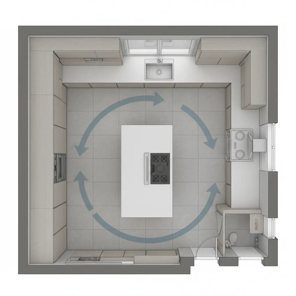 Kitchen layout showing island spacing and walking circulation areas