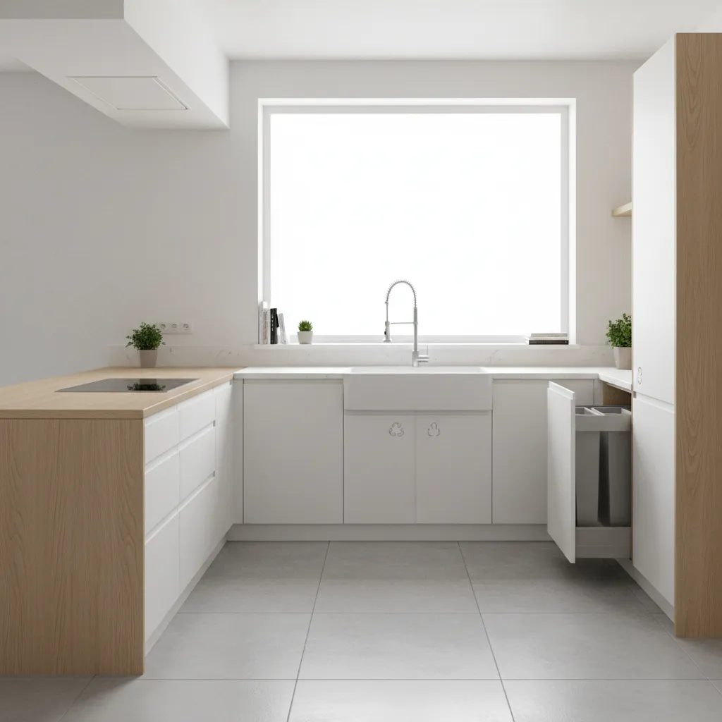 Modern white kitchen with wood counters large window and an open pull out waste bin