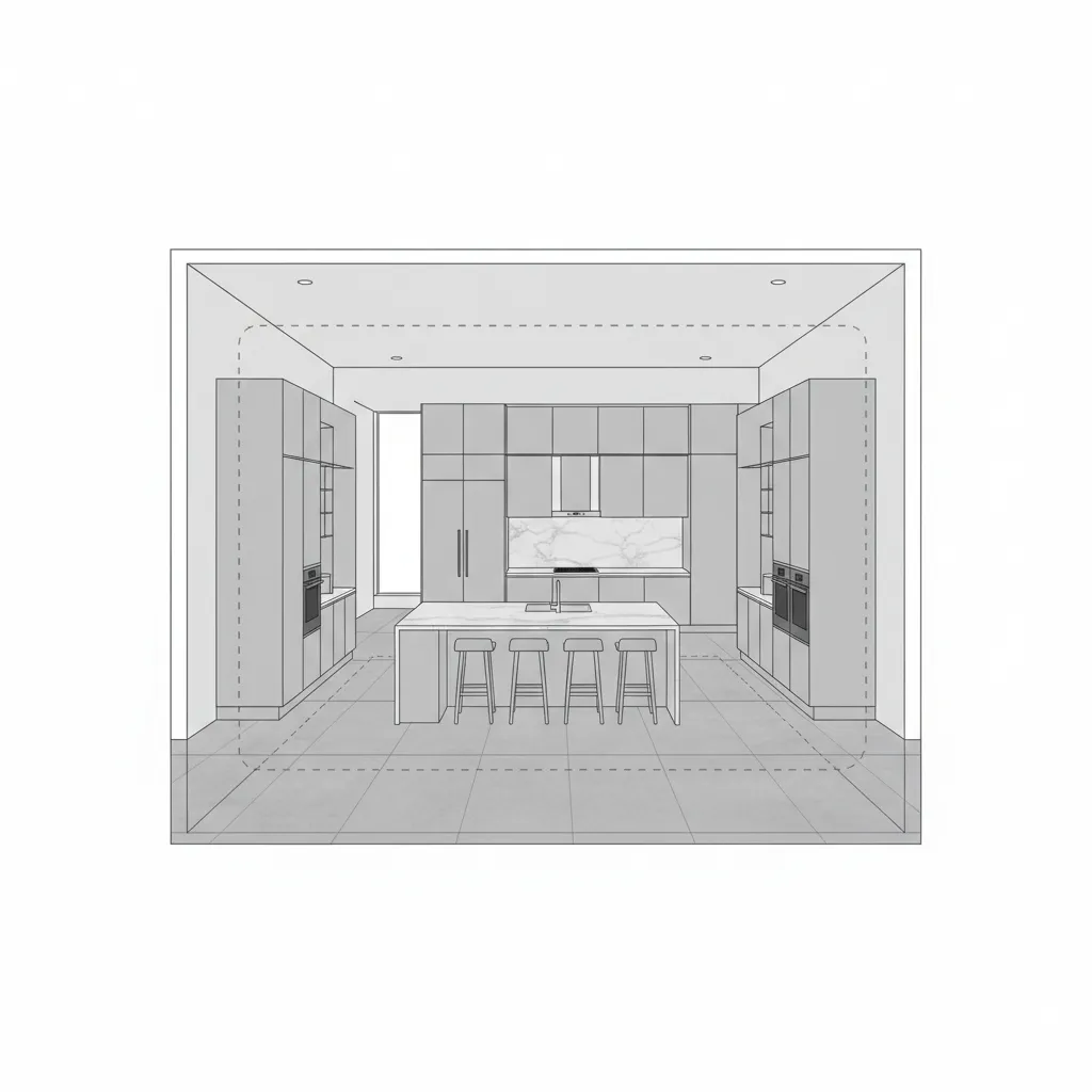 Kitchen layout diagram showing island spacing and walkway clearance