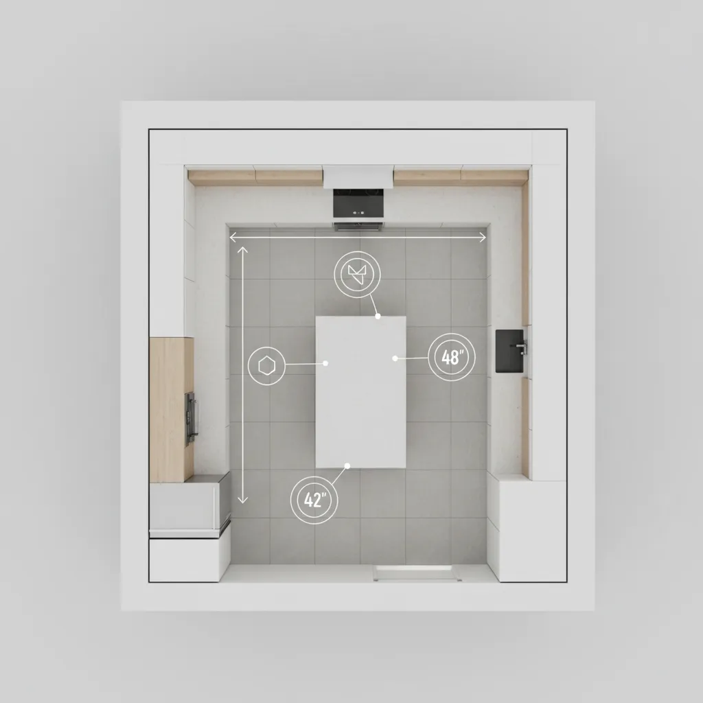 top view kitchen plan showing island clearance spacing and walkways