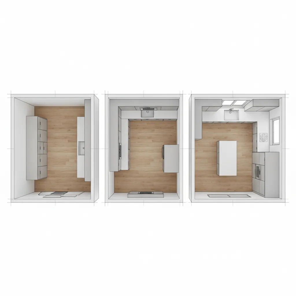 comparison of straight L shaped and U shaped kitchen layouts