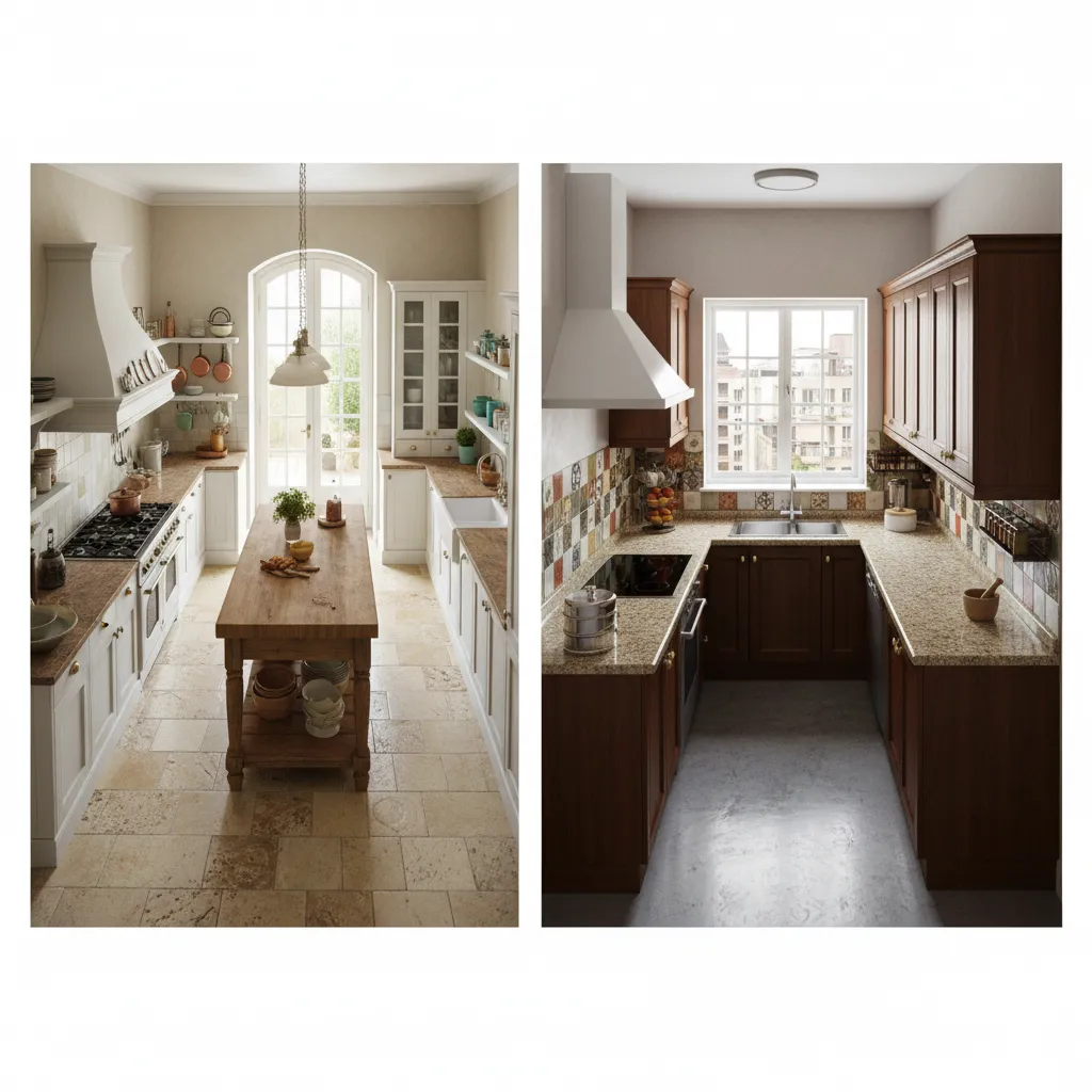 Open french country kitchen layout compared with compact indian L shaped kitchen layout