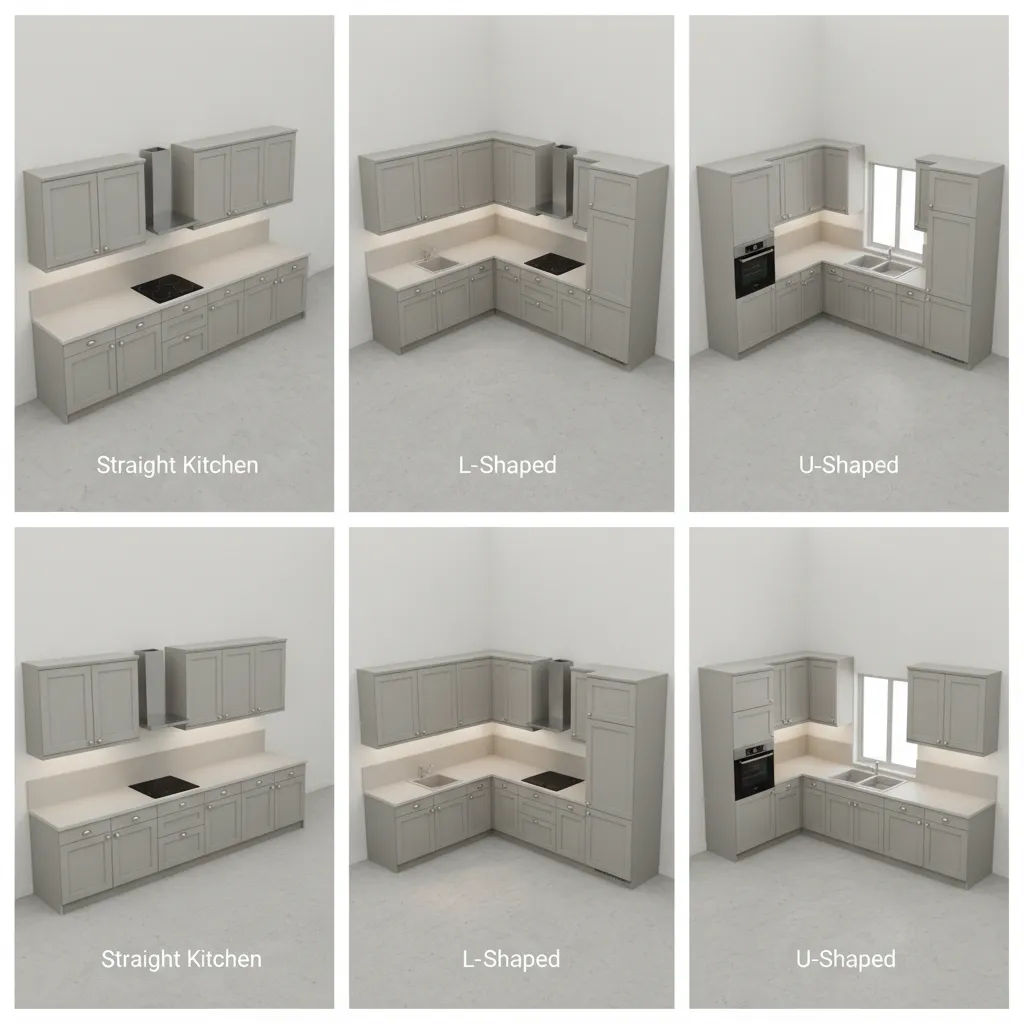 comparison of straight l shaped and u shaped kitchen layouts