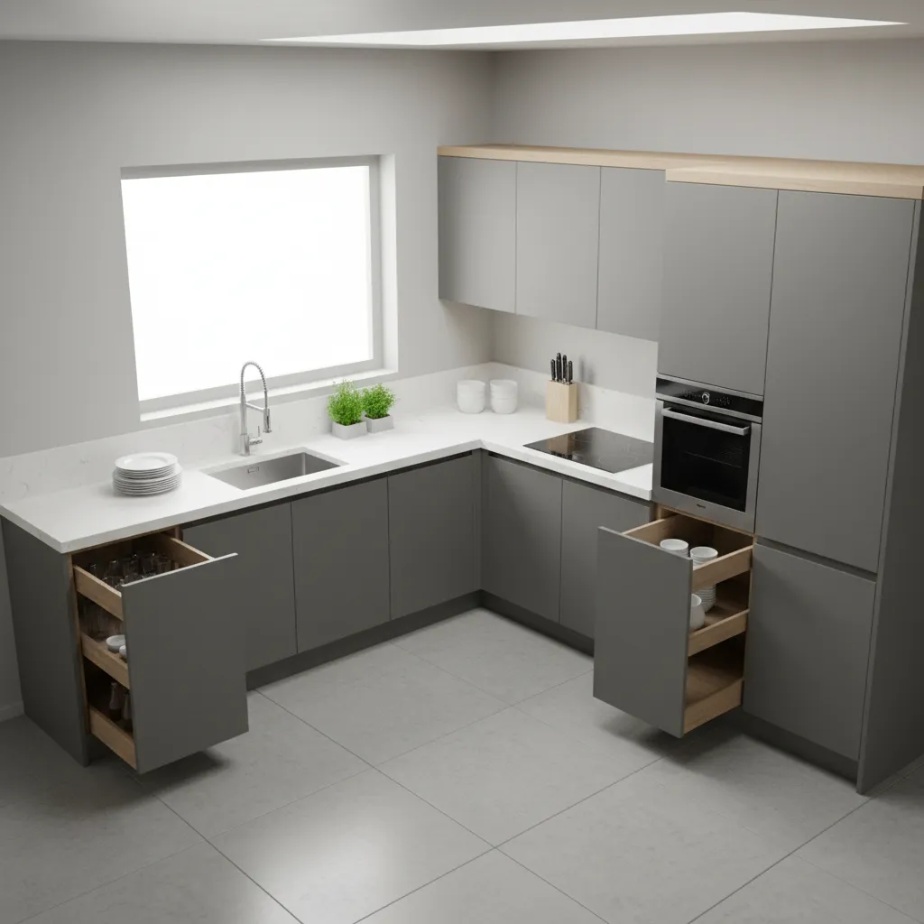 Kitchen layout showing L-shaped modular cabinets with corner storage system
