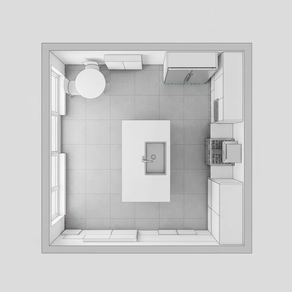 Kitchen layout diagram showing sink, stove, and island placement affecting renovation cost