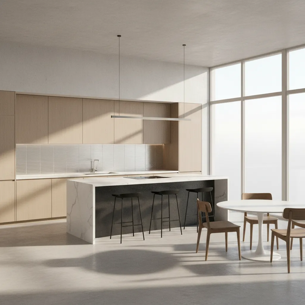 Kitchen layout demonstrating natural light flow from window across room