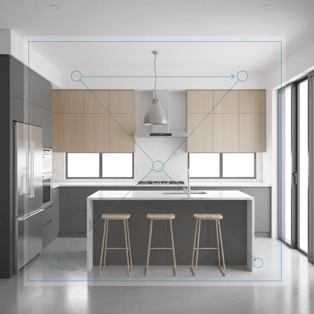 Diseño técnico de cocina moderna mostrando flujo de trabajo