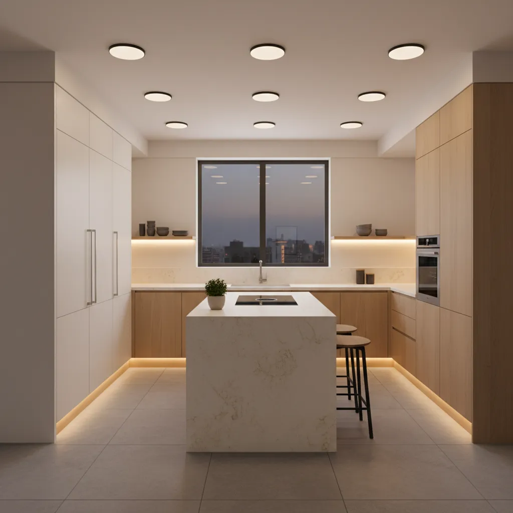 Modern kitchen interior design drawing with wooden cabinets, marble island, bar stools, and ceiling lights
