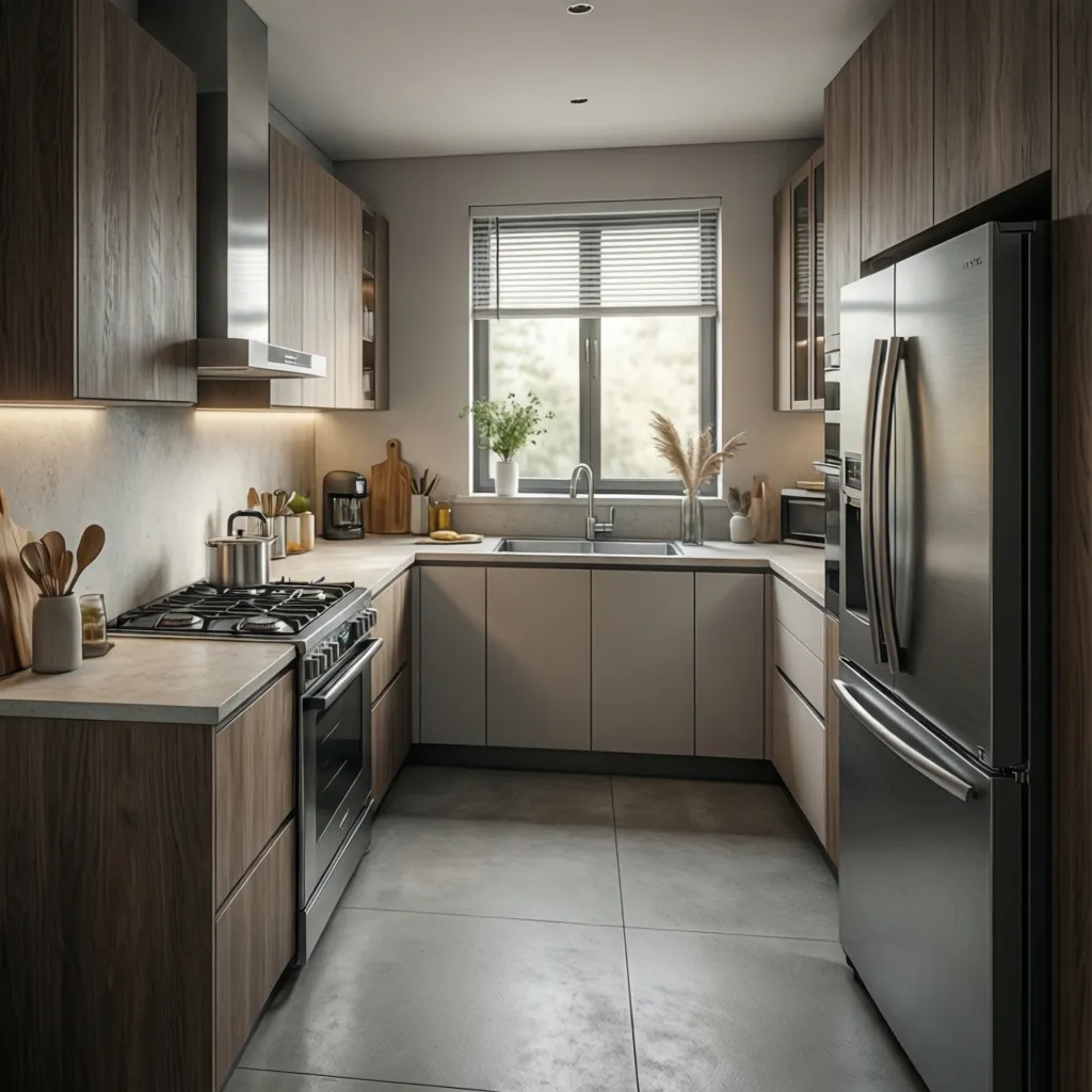 Modern kitchen with wood cabinets grey floor and stainless steel refrigerator next to a window
