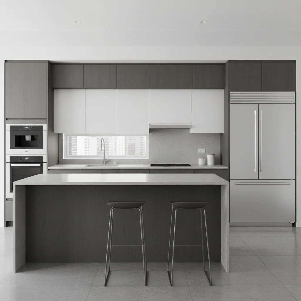 Diseño 3D de una cocina mostrando distribución de electrodomésticos y muebles