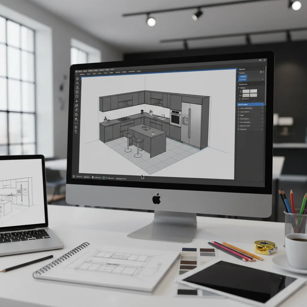 Diseño digital de distribución de cocina en software 3D