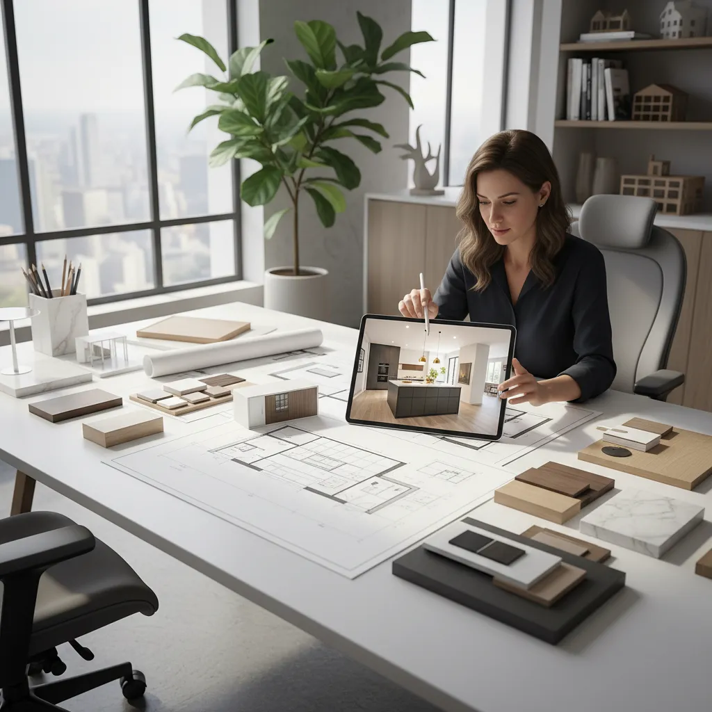 kitchen designer reviewing layout drawings and material samples