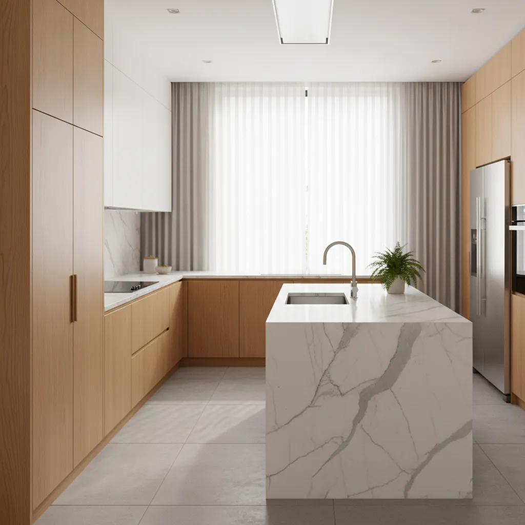 Cocina moderna con distribución funcional y triángulo de trabajo bien organizado