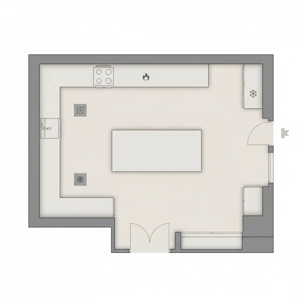 Kitchen layout floor plan showing work triangle and island placement