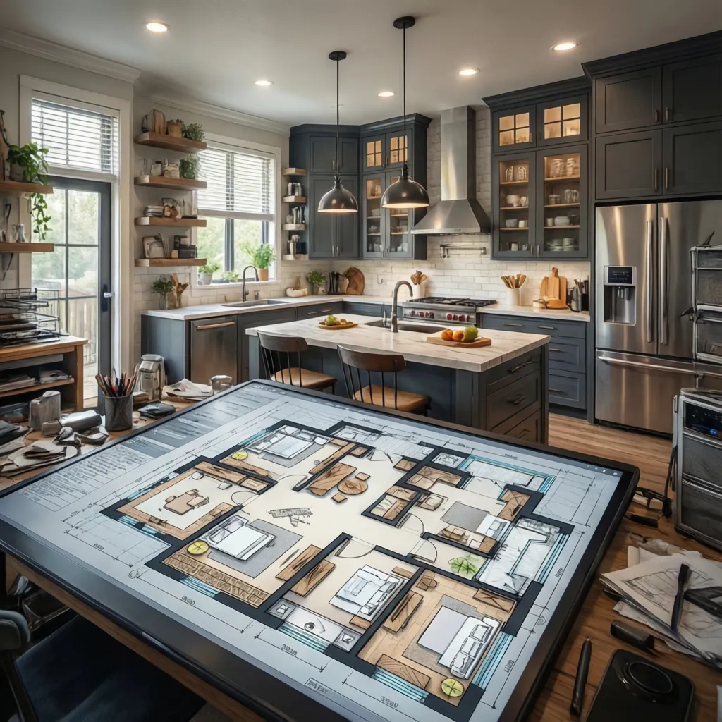 Diseño digital de distribución de cocina con muebles y electrodomésticos
