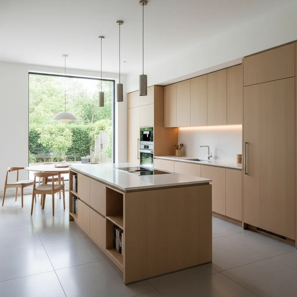 Modern kitchen with light wood cabinets, large island, white countertops, and three silver ceiling lights
