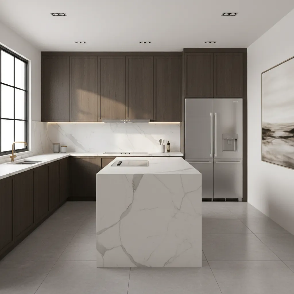 Modern kitchen with dark wood cabinets white marble island stainless steel fridge and large window