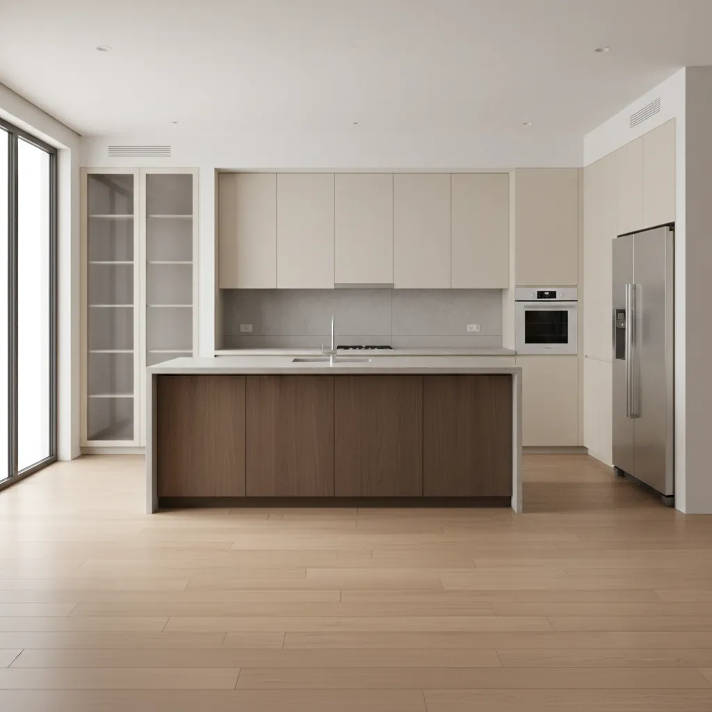 3D kitchen layout planning visualization with cabinets and island layout