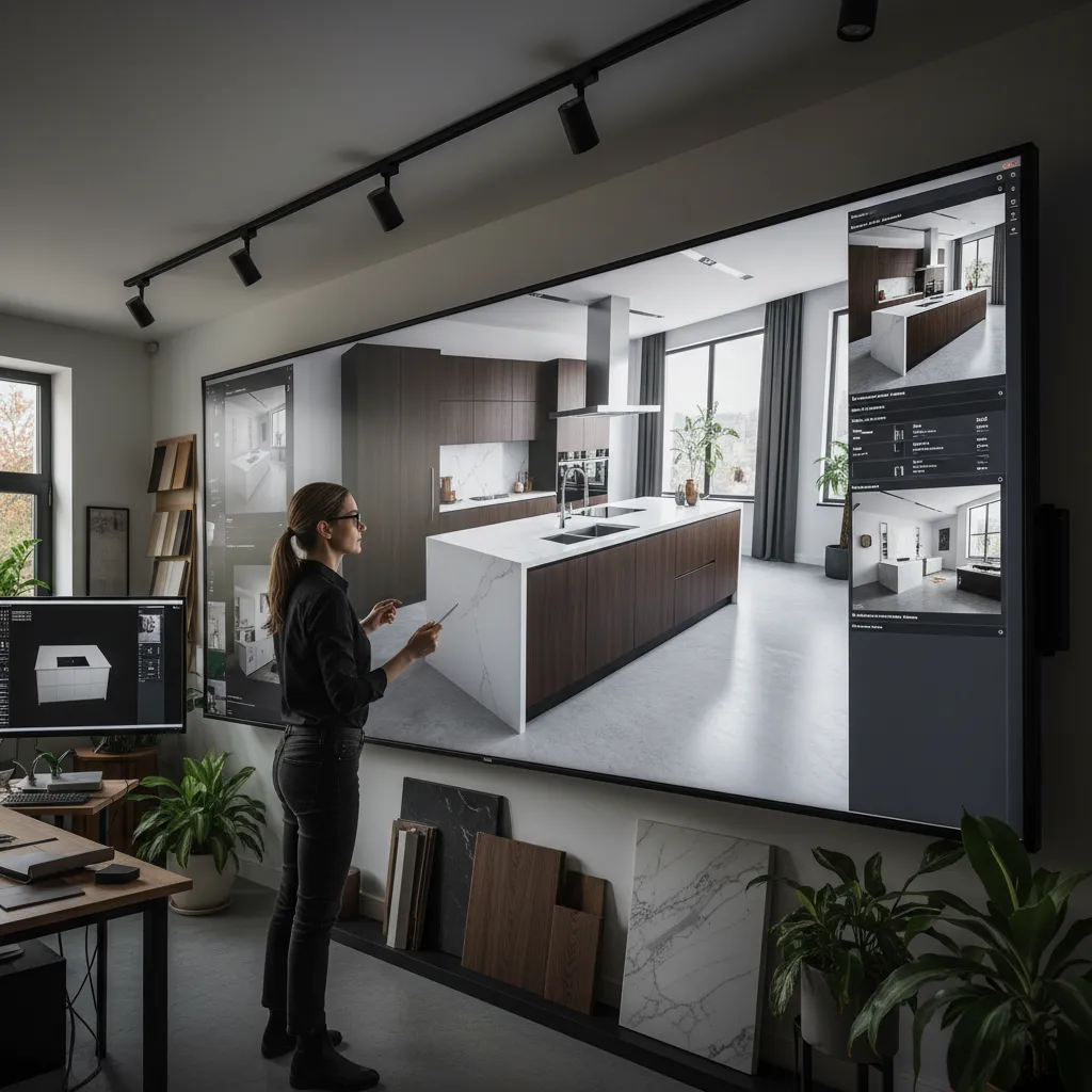 Designer standing before large screen showing modern kitchen interior design drawing with marble island and cabinets