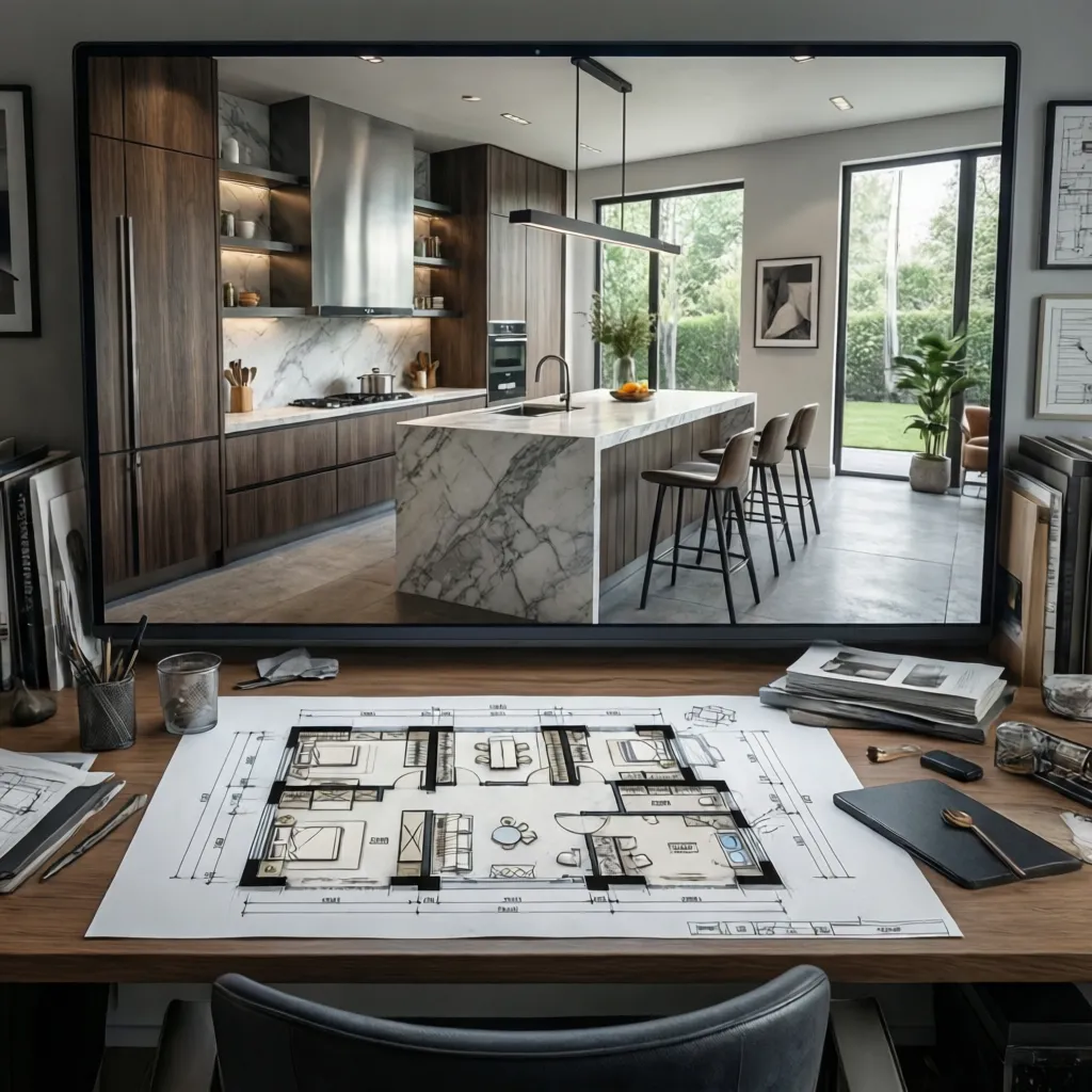 Diseño de distribución de cocina en plano y visualización 3D