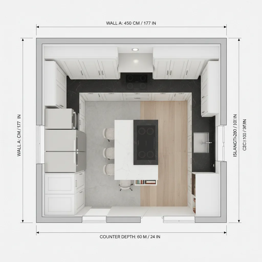 Plano de distribución de cocina con medidas y mobiliario