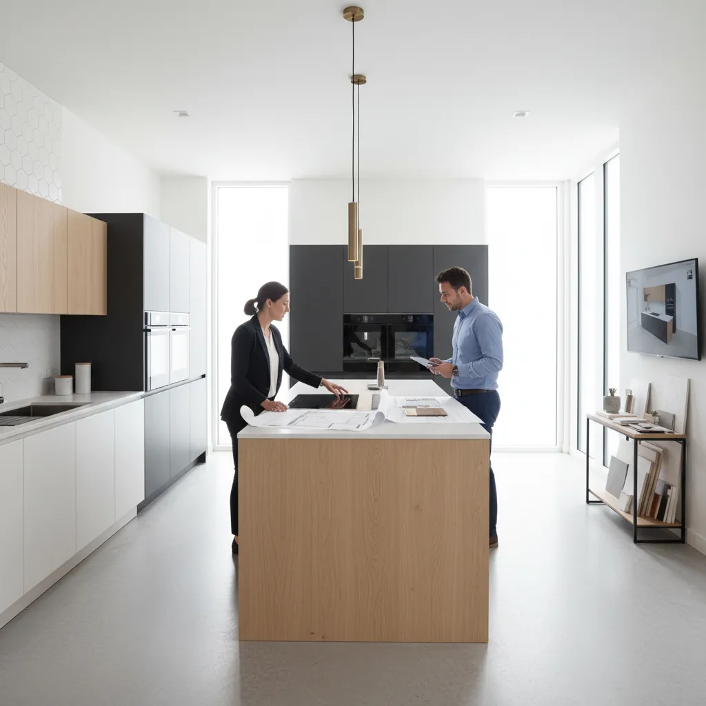 Two designers discussing a kitchen room layout on a large island in a modern home