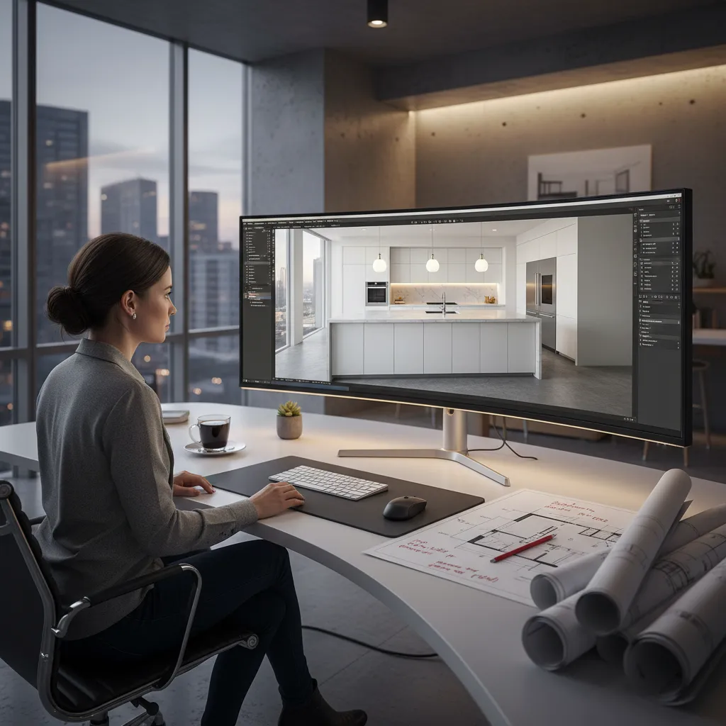 Diseñador trabajando en la distribución de una cocina en un plano digital