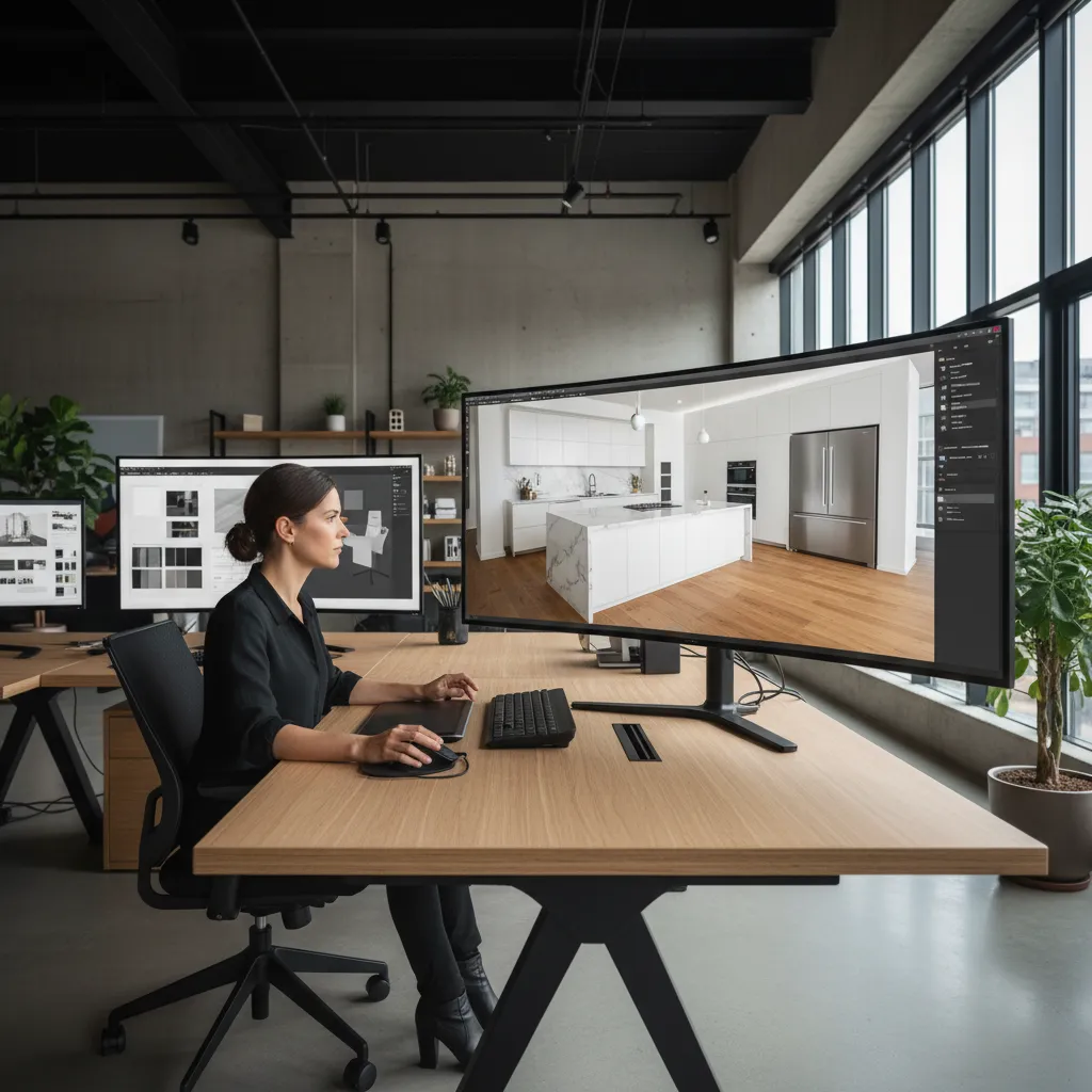 Diseñador planificando la distribución de una cocina en un software 3D