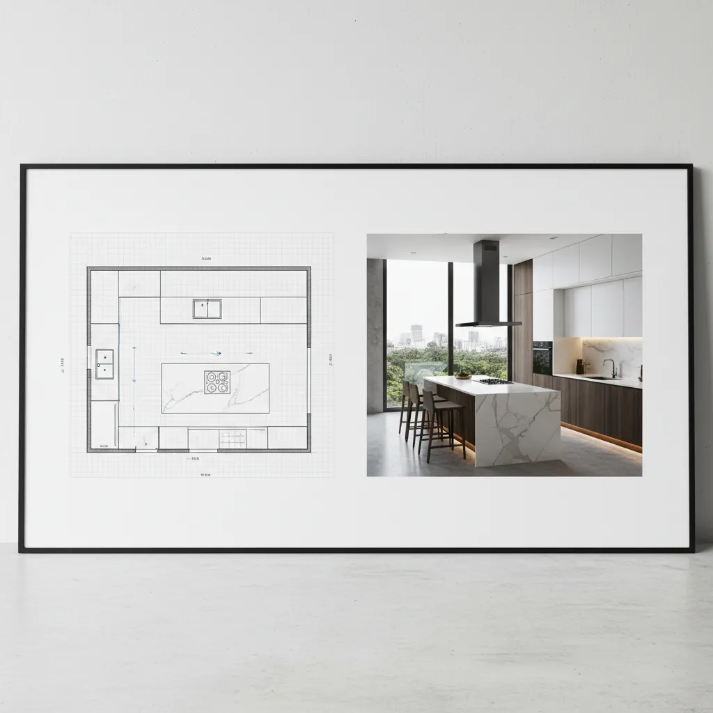 Plano de distribución de cocina junto a render 3D del mismo diseño