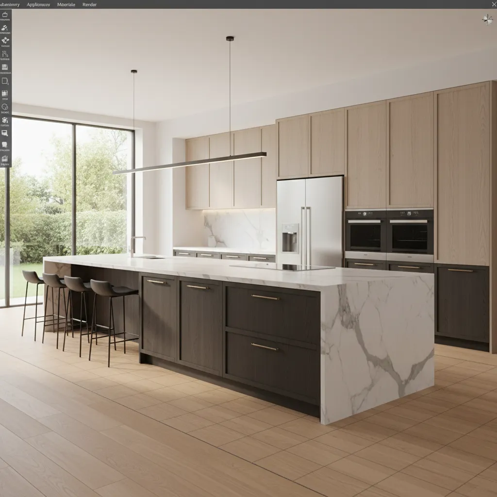 Modern kitchen featuring white marble island black stools wood cabinets stainless steel fridge and large windows