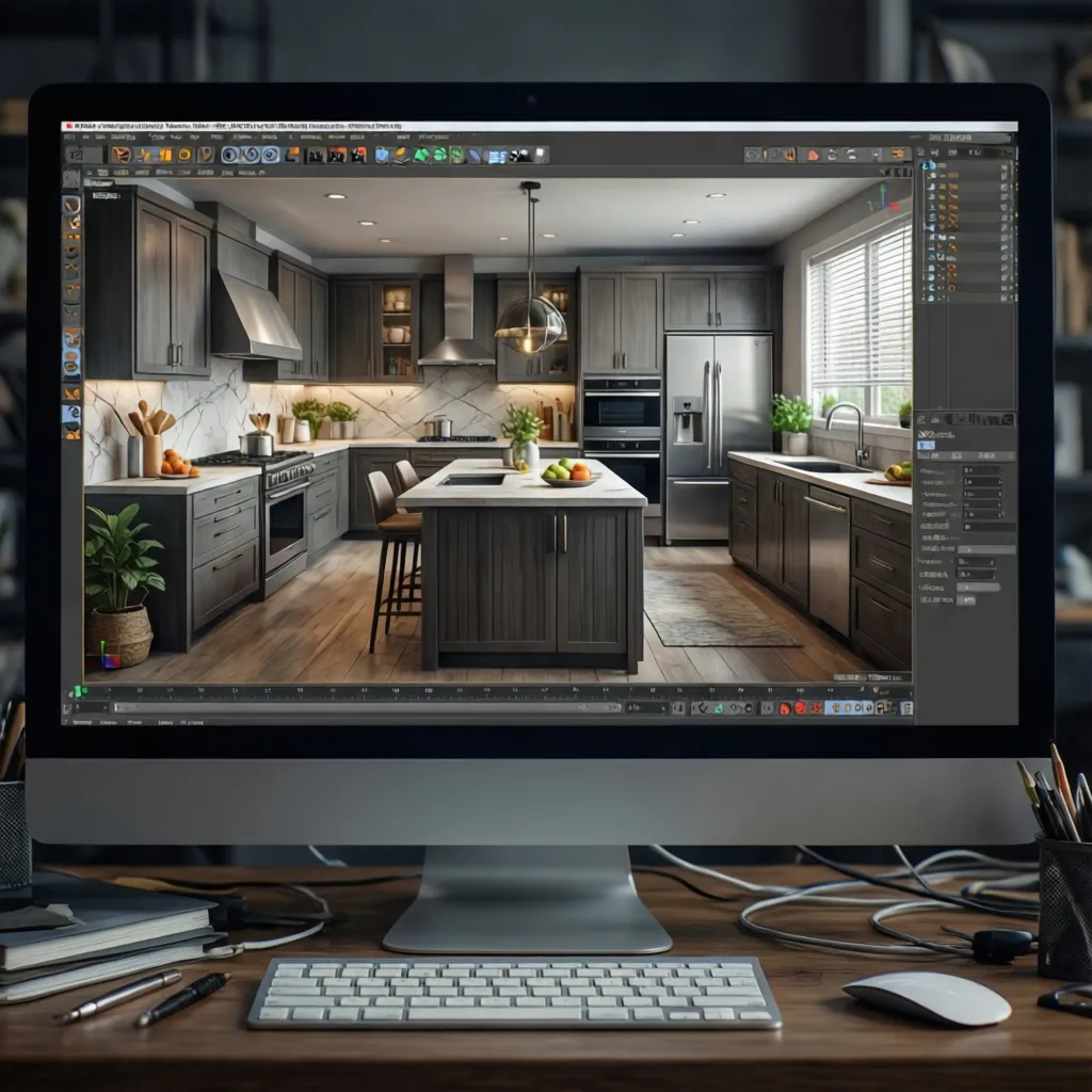 Diseño digital de cocina con distribución de muebles y electrodomésticos