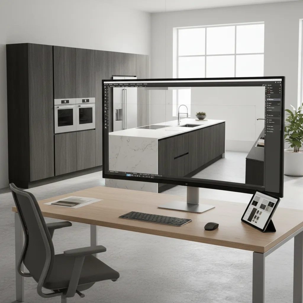 Diseño digital de distribución de cocina realizado con software especializado