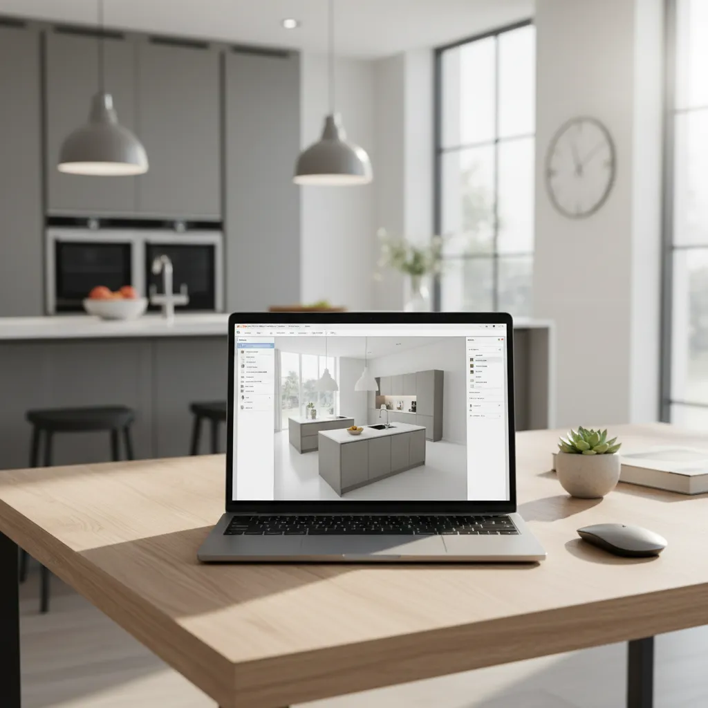Laptop showing 3D kitchen layout planning software on a desk