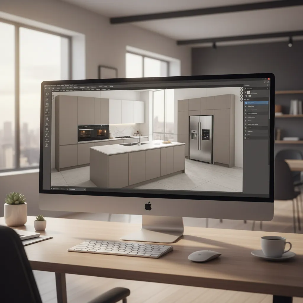 kitchen layout being created in 3D kitchen design software on computer screen