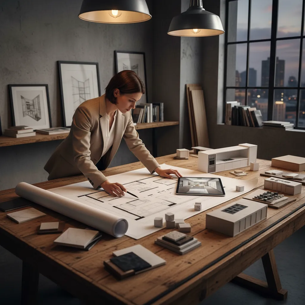 Diseñador analizando diferentes distribuciones de cocina en plano