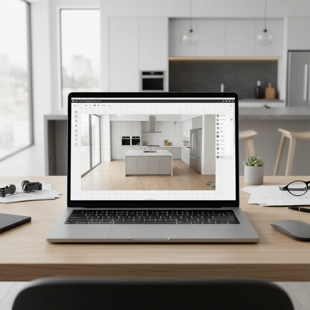Laptop showing a kitchen layout planning interface with cabinets and appliances