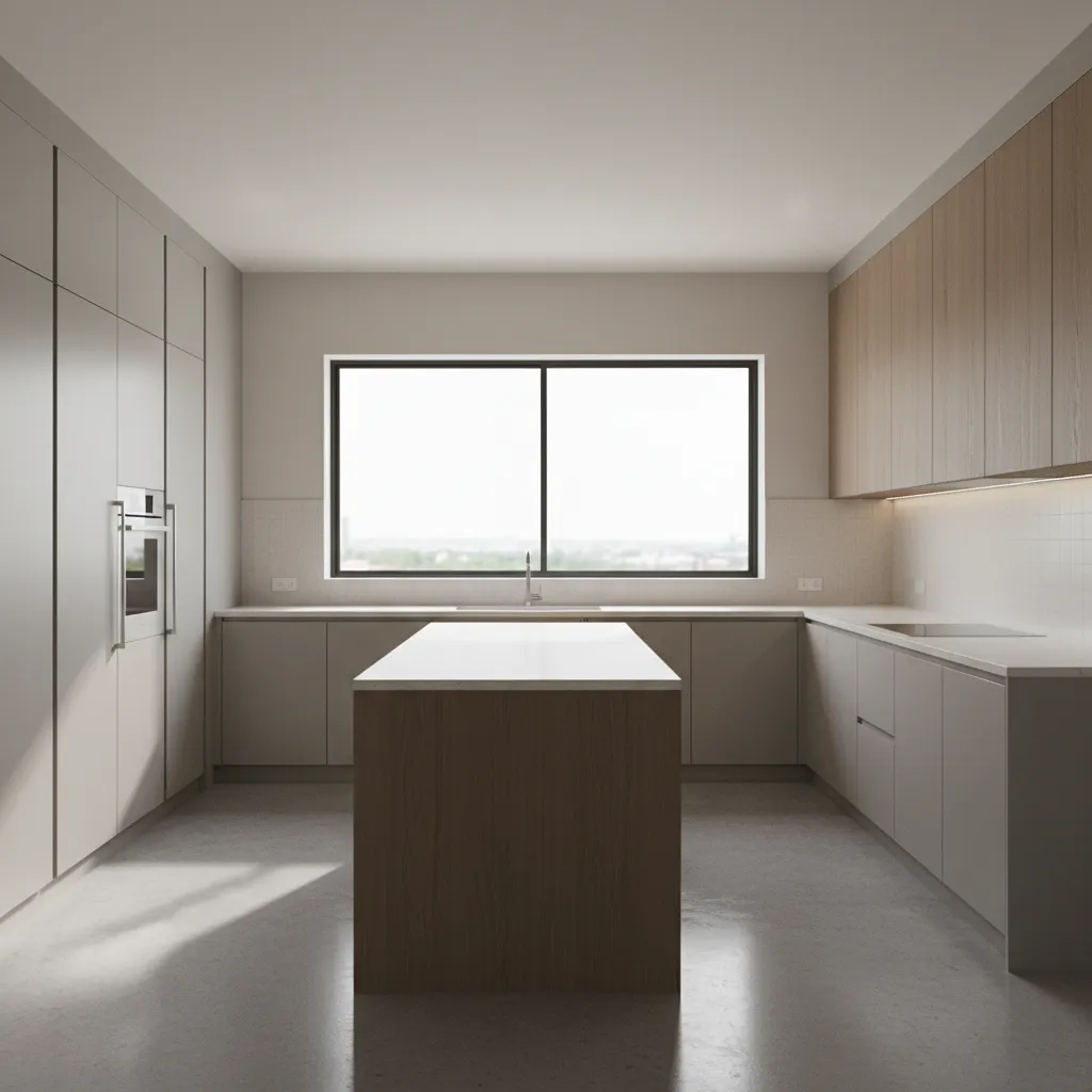 modern kitchen layout design workspace with cabinets and island