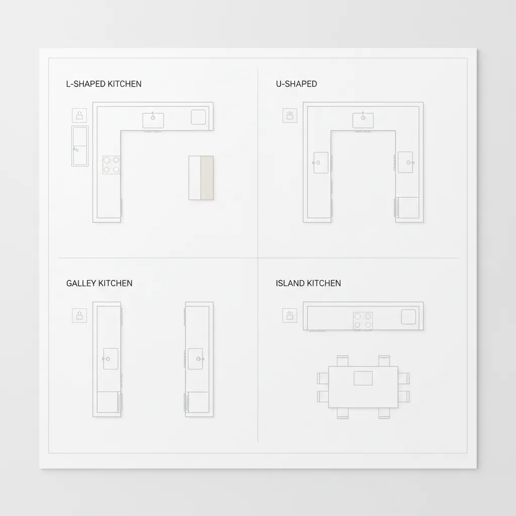 visual comparison of common kitchen layouts including L shape U shape and galley