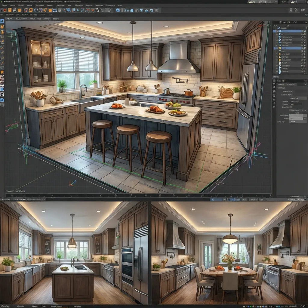 Planificación digital de una cocina con distribución de muebles