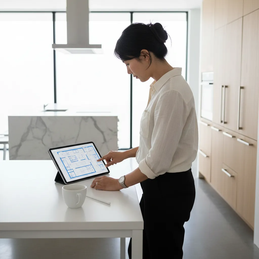 Designer reviewing a digital kitchen floor plan layout on a tablet