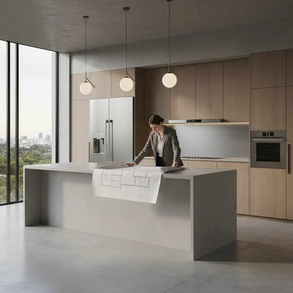 designer evaluating kitchen cabinet layout and workflow