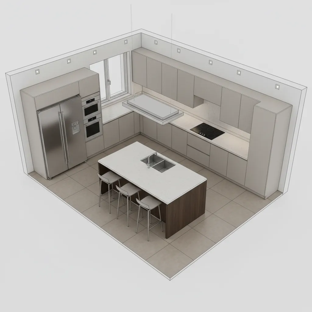 3D kitchen layout floor plan showing cabinets appliances and island