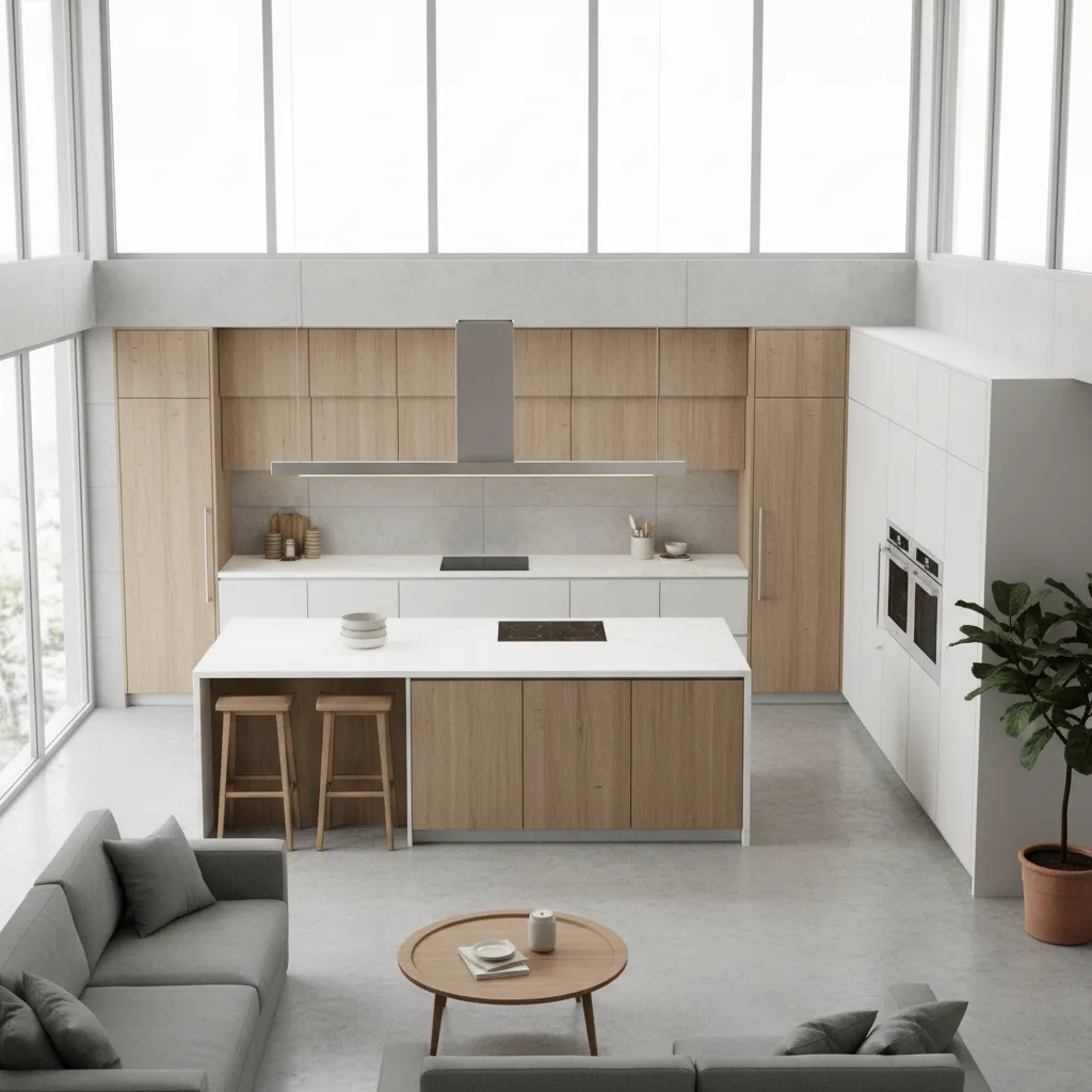 Modern open plan room layout with wooden kitchen island, stools, grey sofa, and large windows