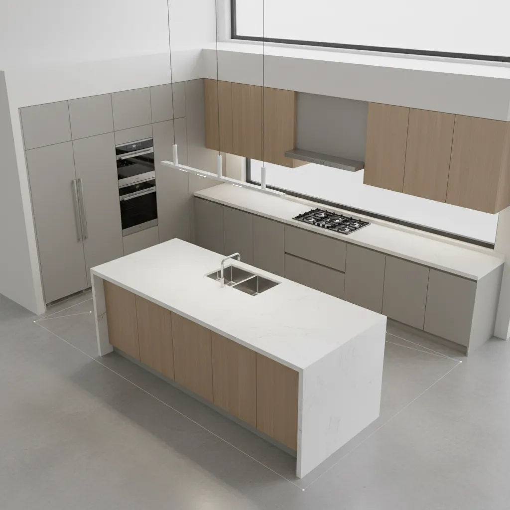 kitchen layout with island and functional work triangle between stove sink and refrigerator