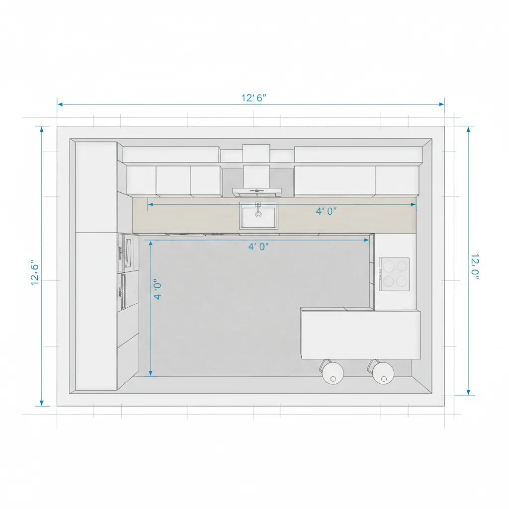 kitchen remodel layout planning with measurement lines and cabinet placement visualization