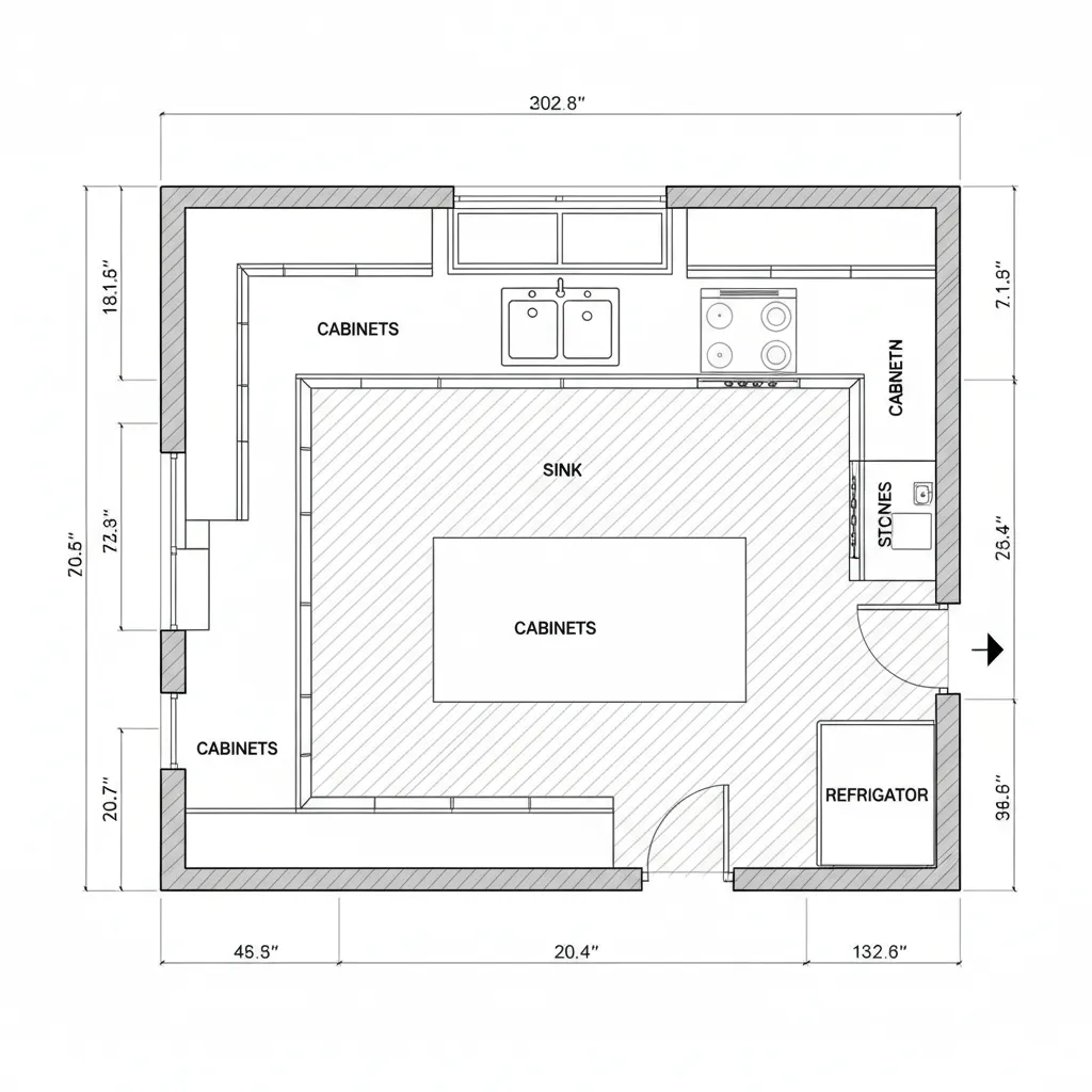Plano técnico de cocina con medidas y distribución de muebles