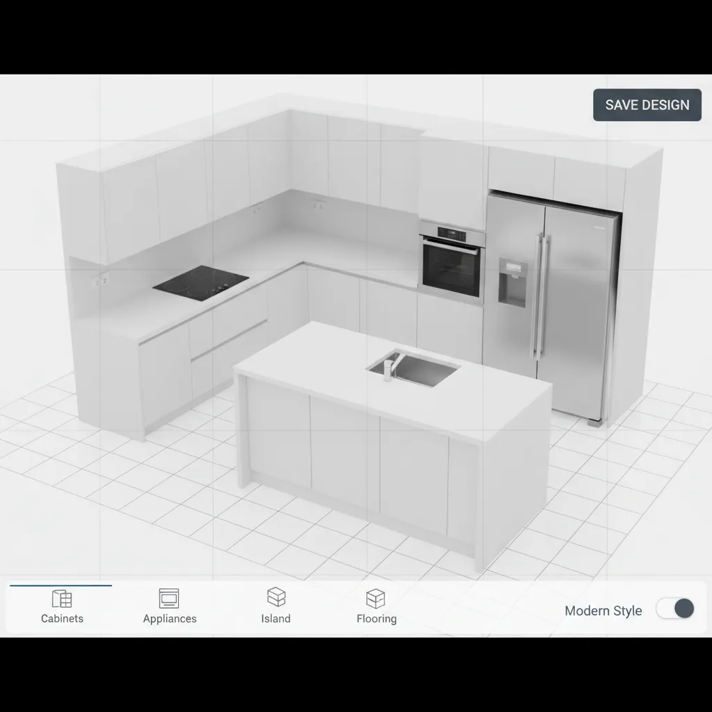 Diseño de cocina en una app con distribución de muebles y electrodomésticos