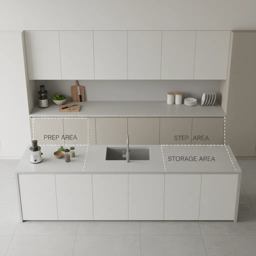 Kitchen counter layout showing ideal organizer placement zones