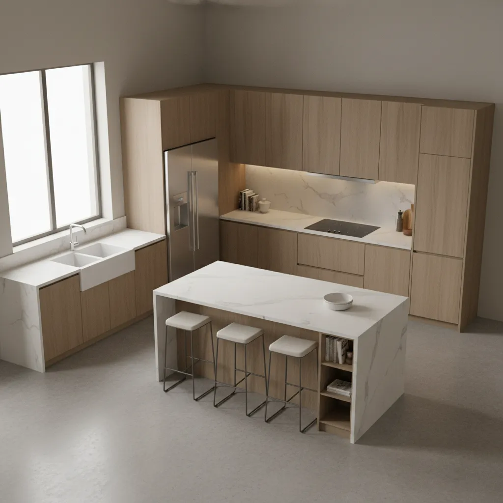 modern kitchen layout overview showing cabinets island and appliance placement